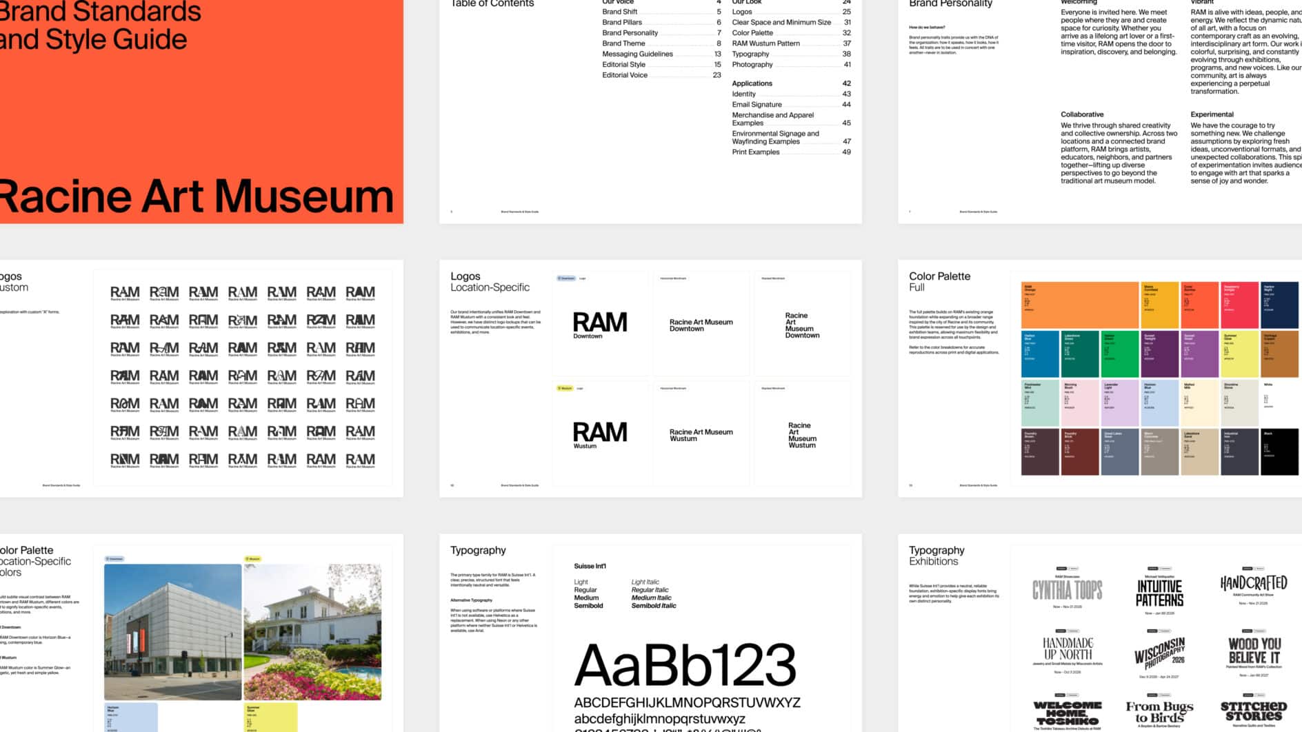 Racine Art Museum brand standards guide showing logo variations, typography, color palettes, layouts, and architectural photography.