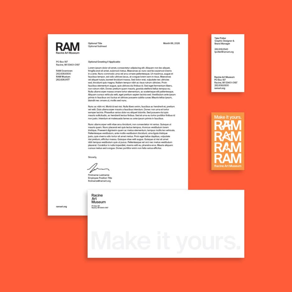Bright orange background featuring Racine Art Museum “RAM” stationery: a letter, business card, and “Make it yours” card in a clean, modern layout.