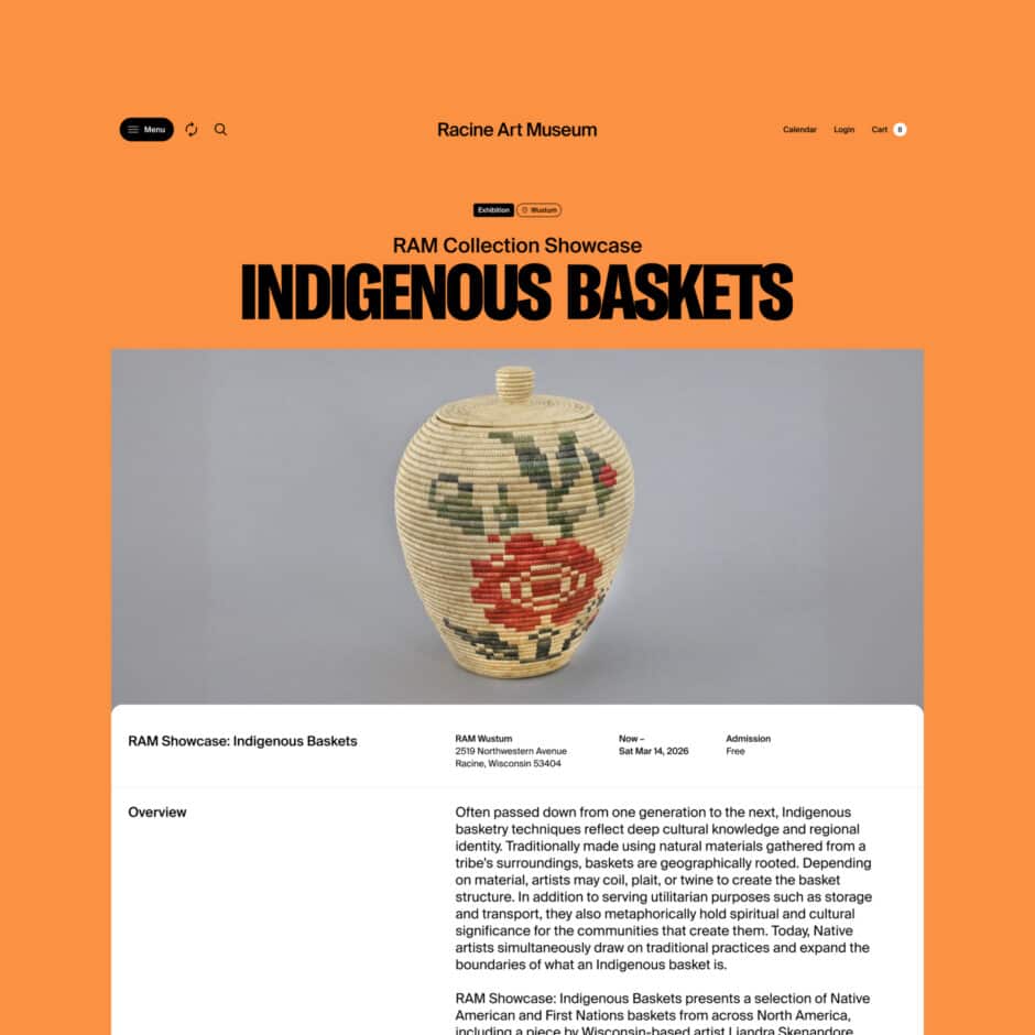 Racine Art Museum webpage featuring an ornate Indigenous woven basket with red and green floral designs against a gray background.