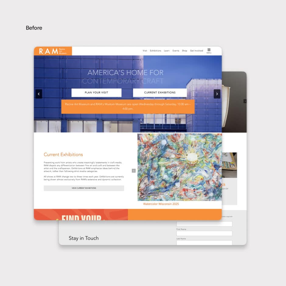 Before: RAM museum website mockup featuring blue contemporary art banner, exhibition details, colorful artwork, and contact form.