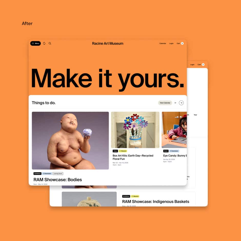 Orange Racine Art Museum webpage mockup with bold “Make it yours” headline, colorful artwork cards, and overlapping gallery pages.
