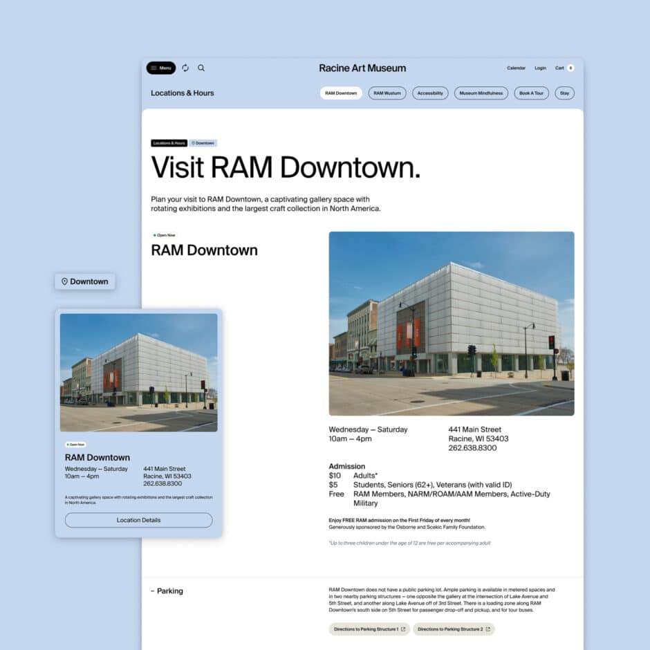 Racine Art Museum website mockup featuring RAM Downtown, a modern white building, visitor hours, admission, address, and parking details.